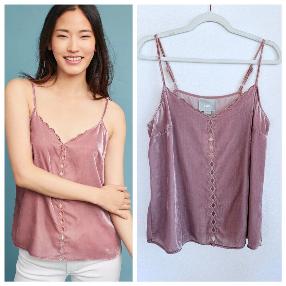 NWT Anthropologie Maeve Velvet Cut Out Camisole Scallop Edge Top in Mauve Pink M